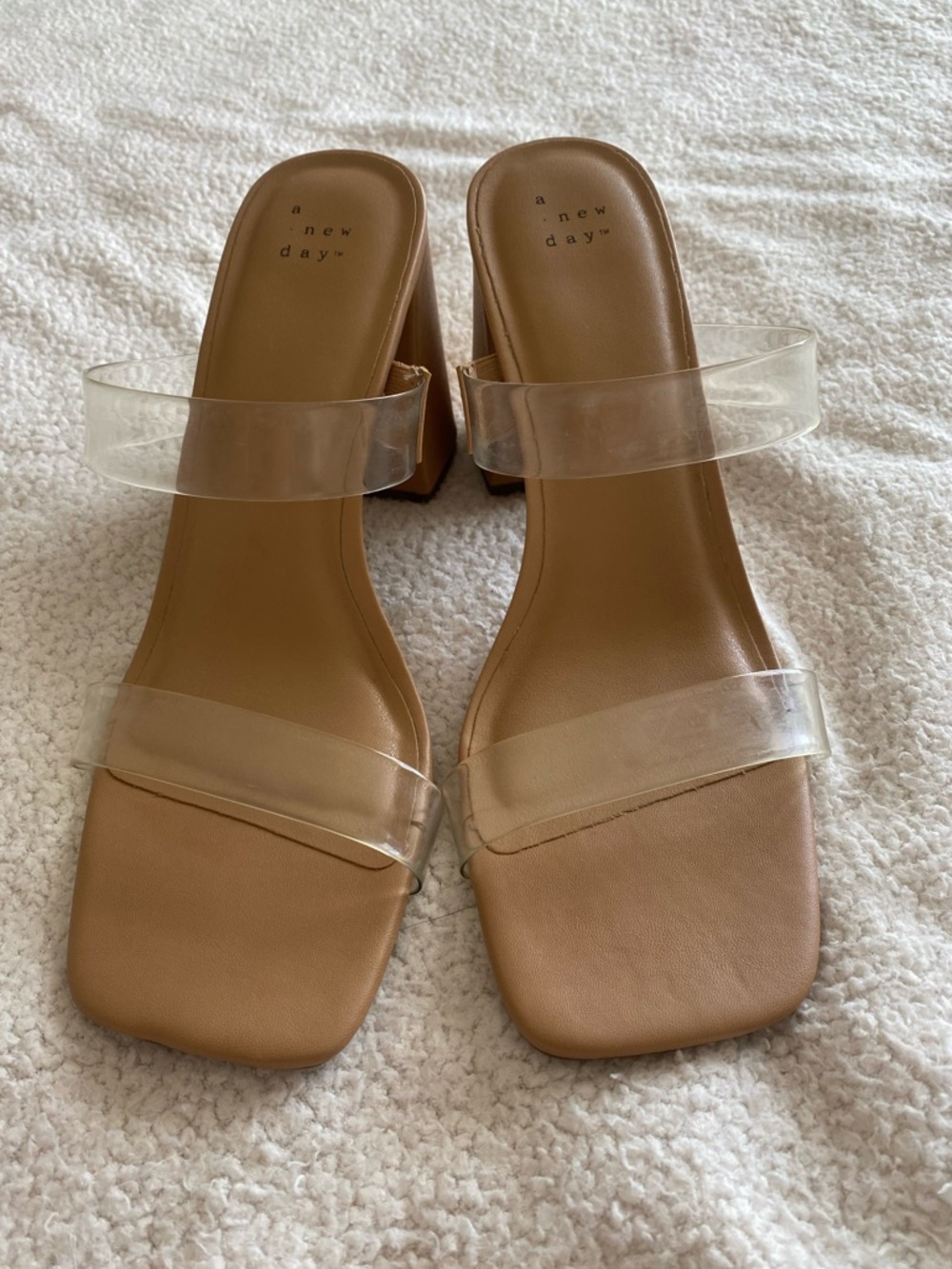 A New Day Clear Strap Block Heel Mule Sandals Tan Size 10 NWOT